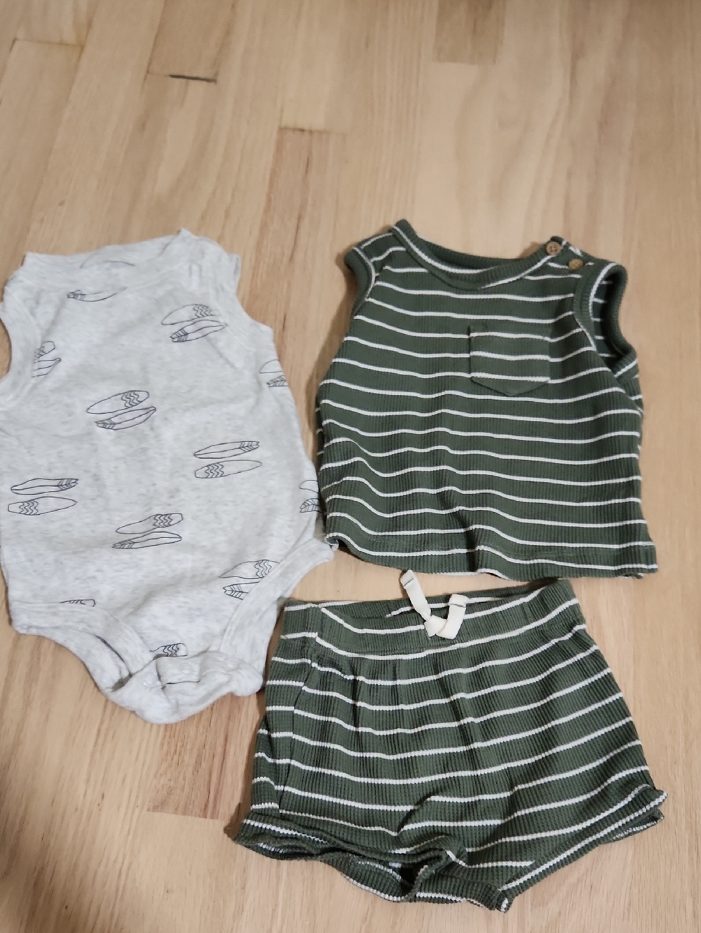 Cartere Green & White Striped Tank + Shorts Set with Grey Surf Print Bodysuit